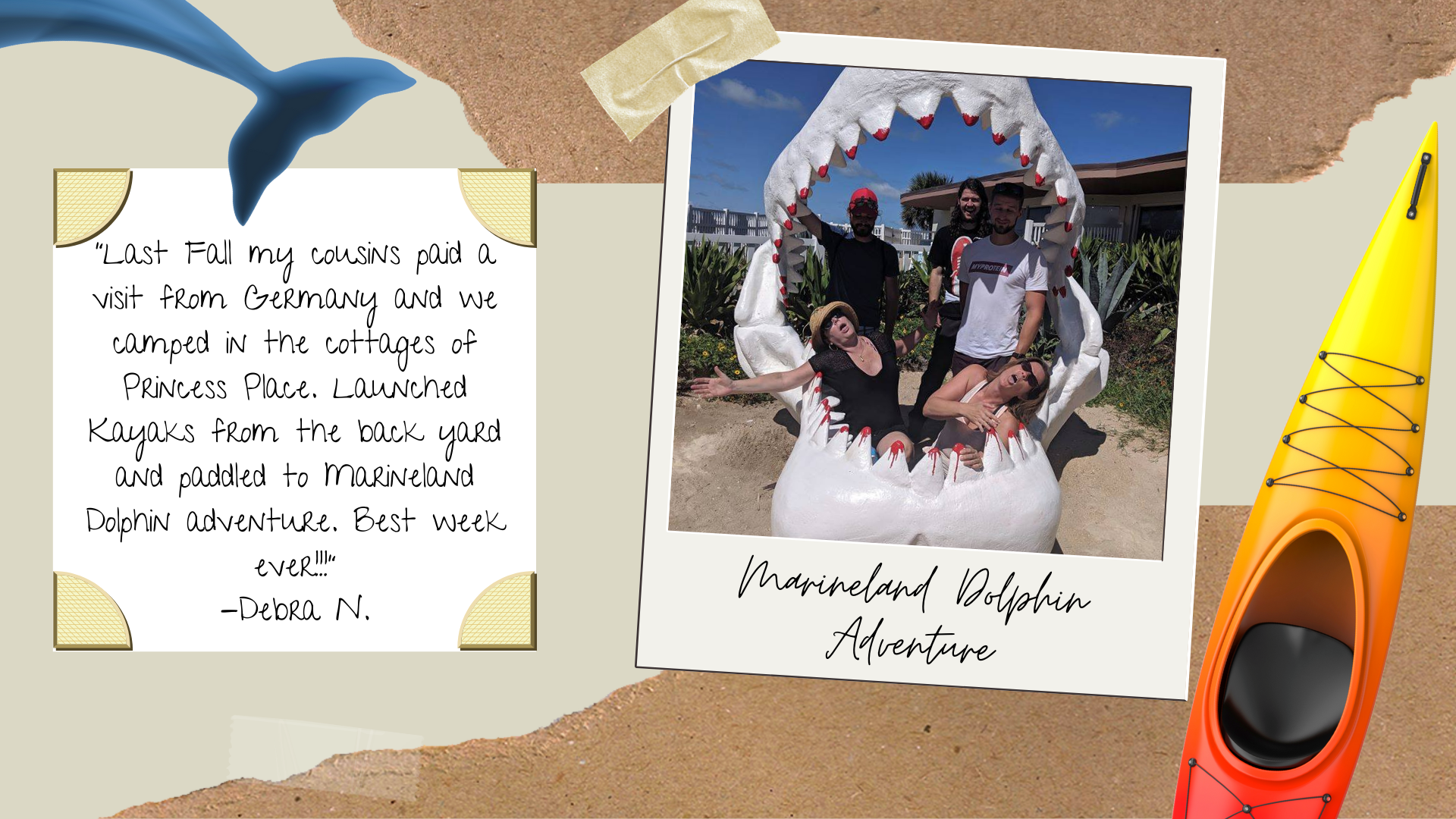 A family posing behind a shark jaw photo-op at Marineland Dolphin Adventure